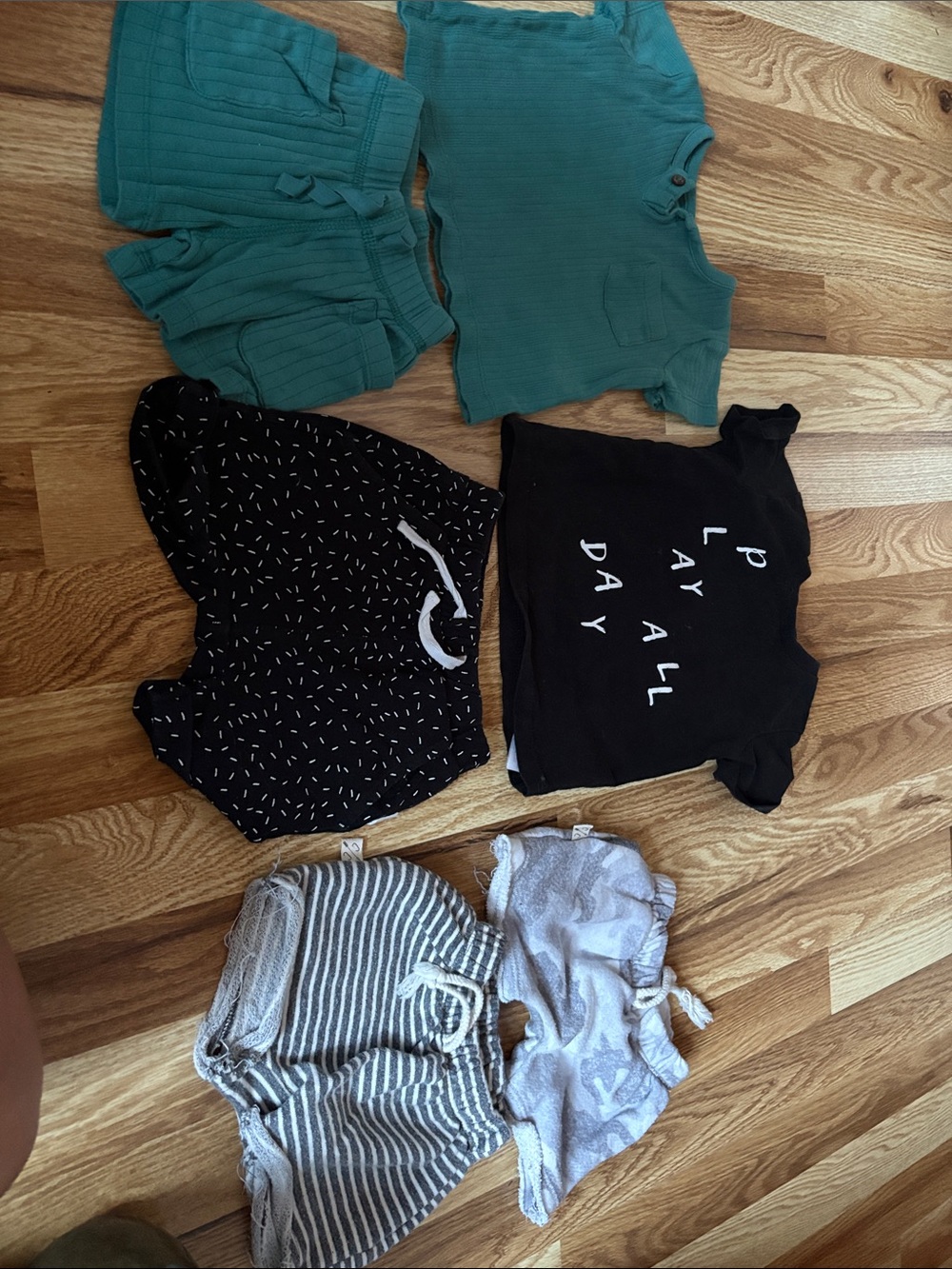 6-12 m bundle 2  childhood shorts, miles and label set and Oliver and rain set